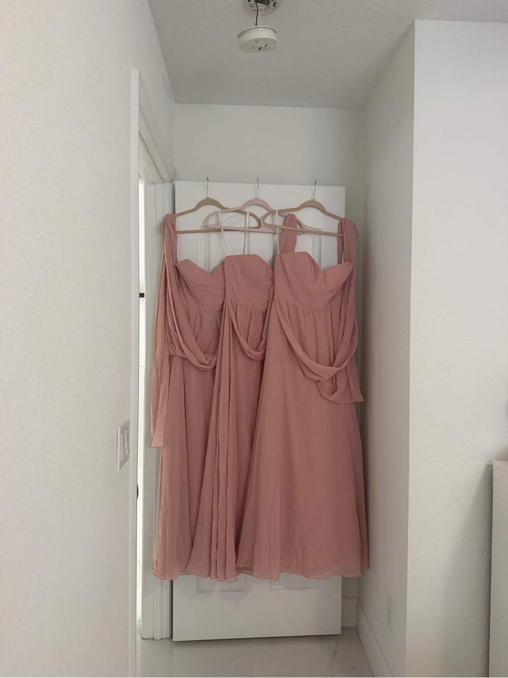 Revelry Blush Strapless Chiffon Midi Bridesmaid Dress
